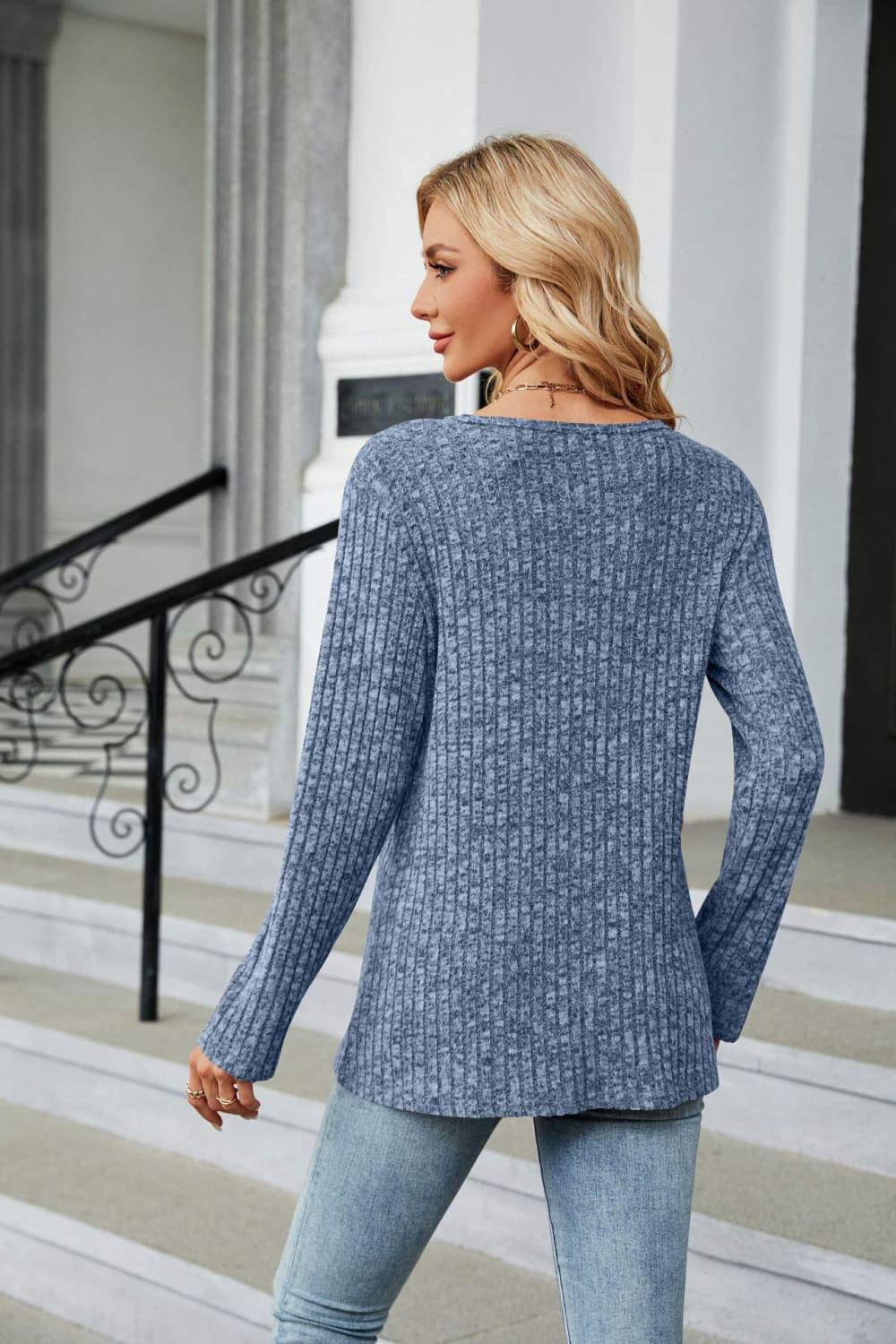 Buttoned Long Sleeve Slit Top - Trendsi