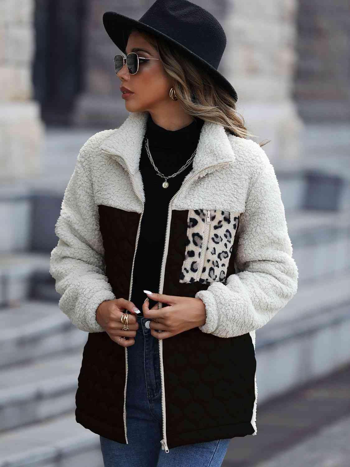 Leopard Color Block Zip-Up Jacket - Trendsi