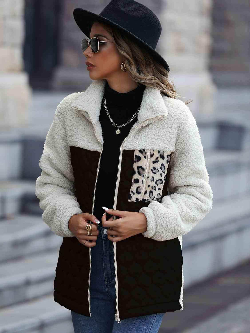Leopard Color Block Zip-Up Jacket - Trendsi - Flyclothing LLC