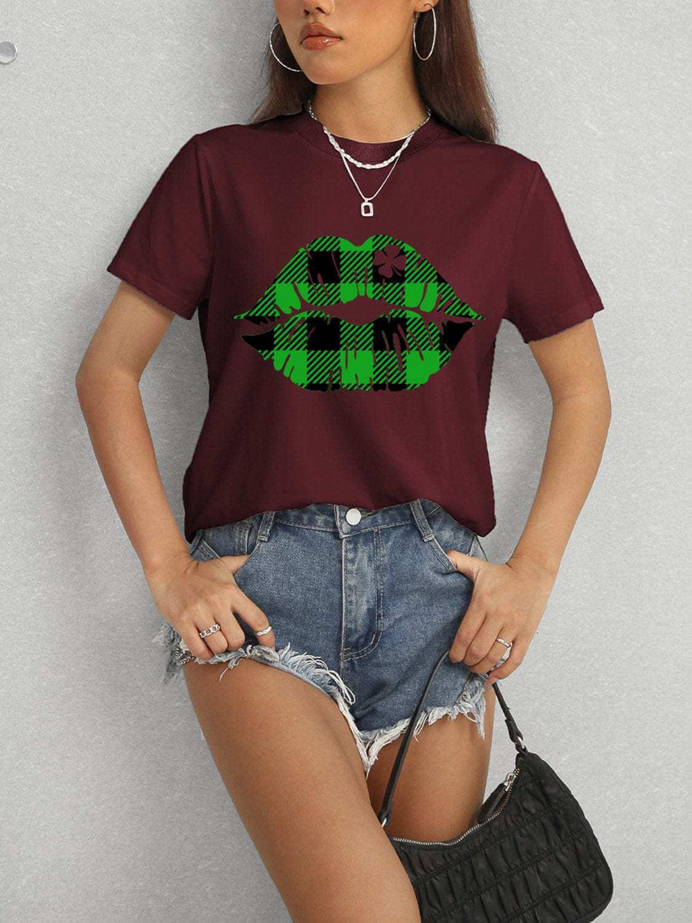 Plaid Lip Graphic Round Neck T-Shirt - Trendsi - Flyclothing LLC