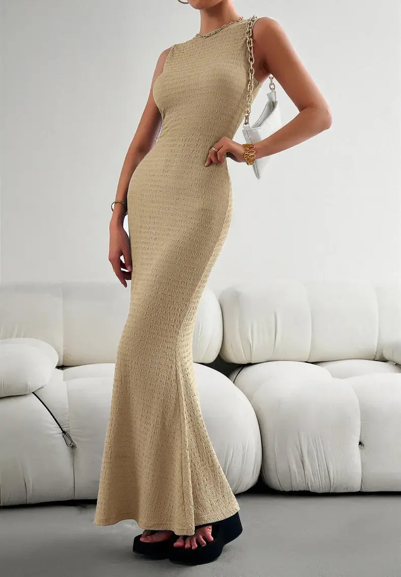 Round Neck Sleeveless Maxi Fishtail Dress - Trendsi - Flyclothing LLC