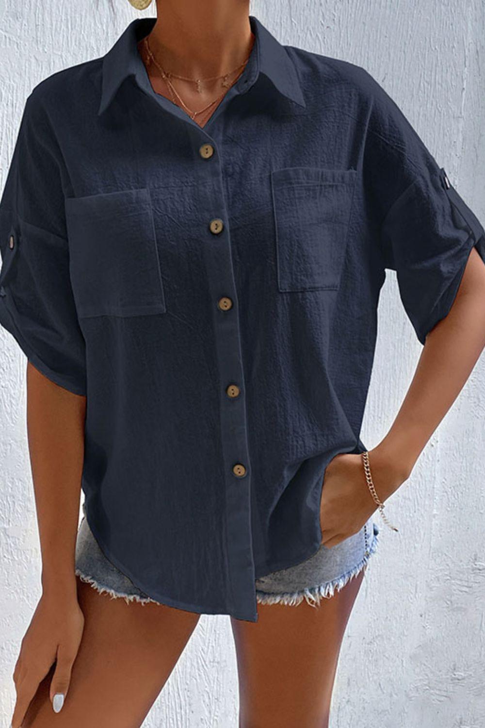 Roll-Tab Sleeve Shirt with Pockets - Flyclothing LLC