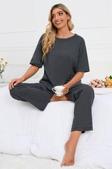 Slit Round Neck Top and Pants Lounge Set - Flyclothing LLC