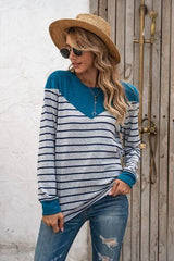 Striped Round Neck Long Sleeve T-Shirt - Flyclothing LLC