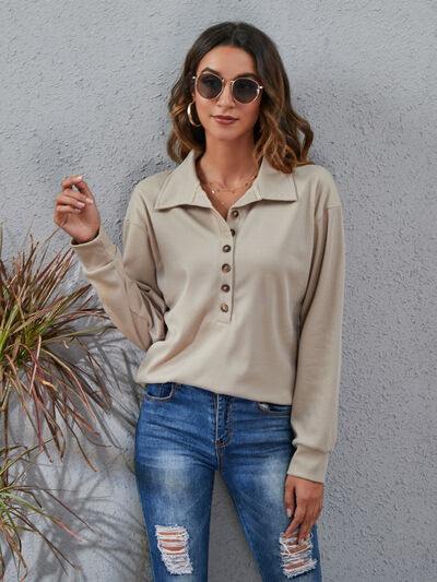 Half Button Dropped Shoulder Blouse - Trendsi
