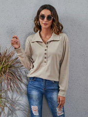 Half Button Dropped Shoulder Blouse - Trendsi