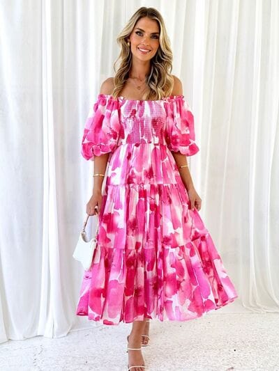 Printed Smocked Off-Shoulder Tiered Dress - Trendsi