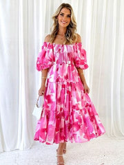 Printed Smocked Off-Shoulder Tiered Dress - Trendsi