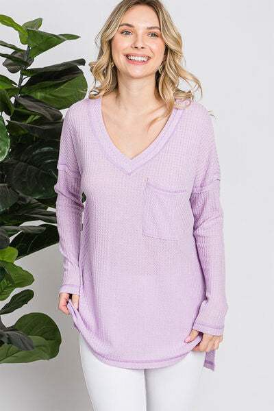 Reborn J Waffle Knit V-Neck Long Sleeve T-Shirt - Trendsi - Flyclothing LLC