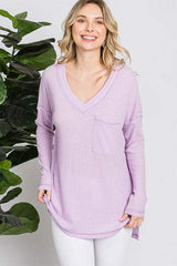 Reborn J Waffle Knit V-Neck Long Sleeve T-Shirt - Trendsi - Flyclothing LLC