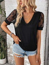Bow Pattern V-Neck Short Sleeve T-Shirt - Trendsi - Flyclothing LLC