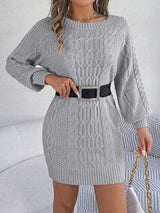 Cable-Knit Round Neck Sweater Dress - Trendsi - Flyclothing LLC