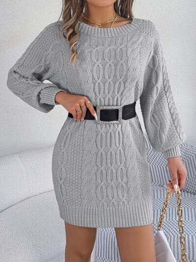 Cable-Knit Round Neck Sweater Dress - Trendsi