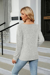 Ribbed Square Neck Long Sleeve T-Shirt - Trendsi