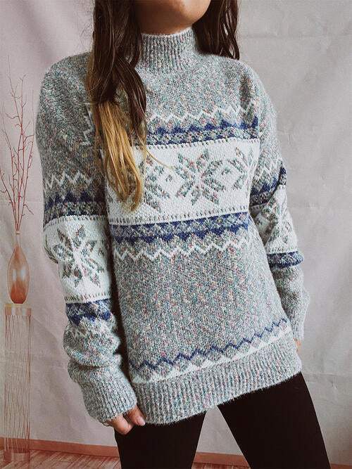 Geometric Mock Neck Dropped Shoulder Sweater - Trendsi - Flyclothing LLC