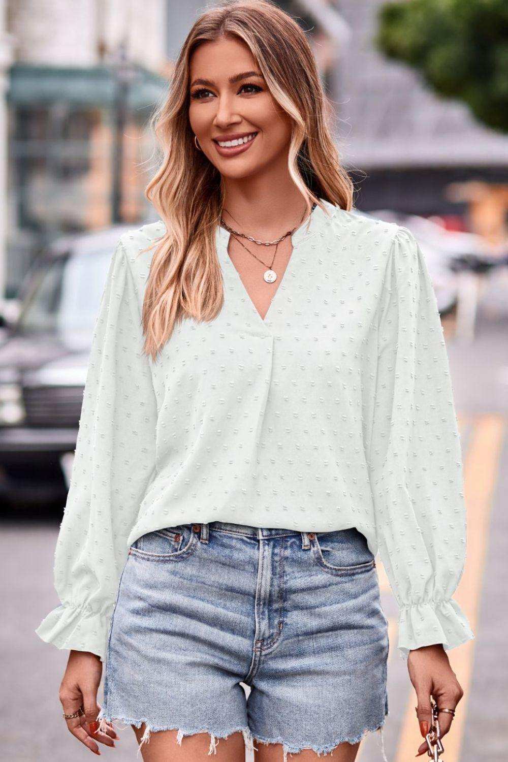 Swiss Dot Notched Neck Flounce Sleeve Blouse - Trendsi - Flyclothing LLC