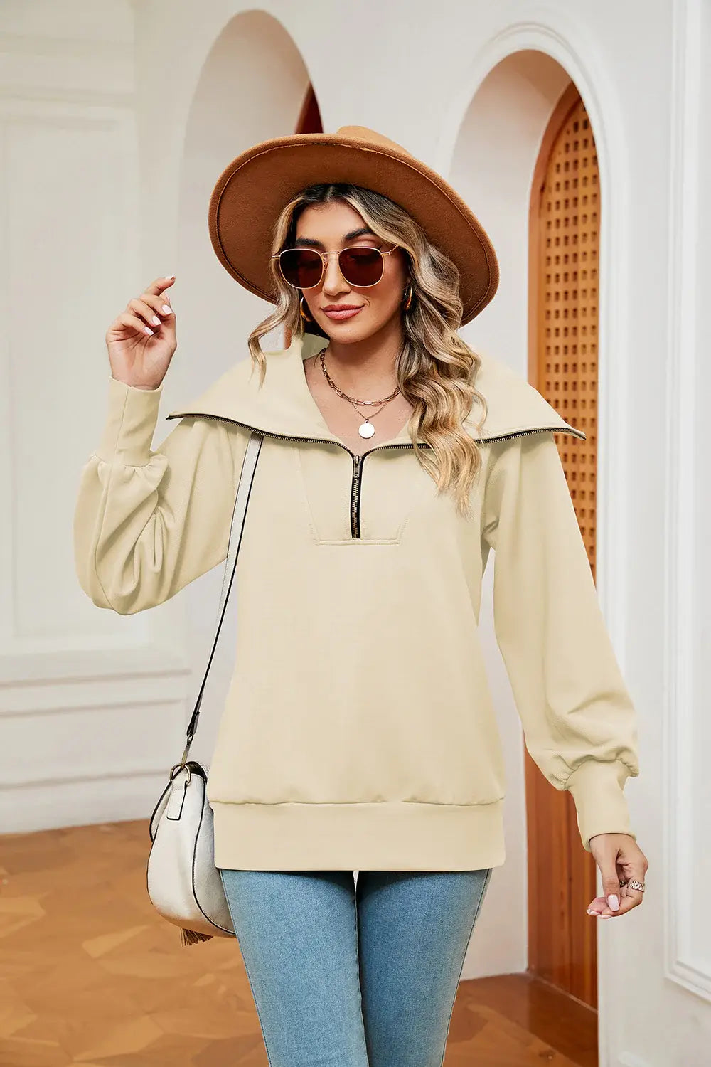 Half-Zip Collared Sweatshirt - Trendsi - Flyclothing LLC