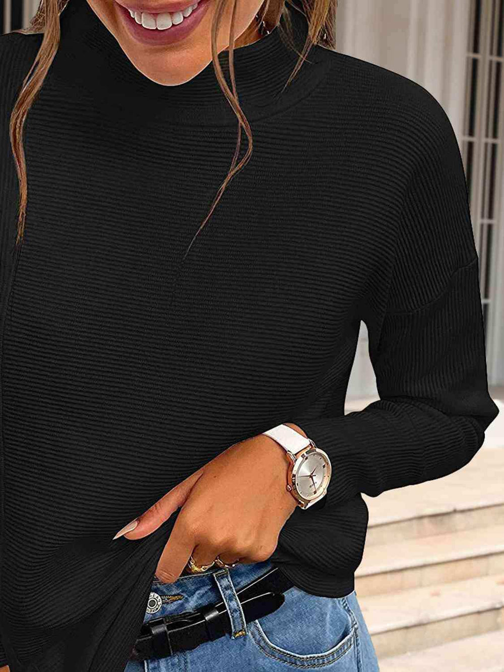 Ribbed Mock Neck Long Sleeve Sweater - Trendsi - Flyclothing LLC