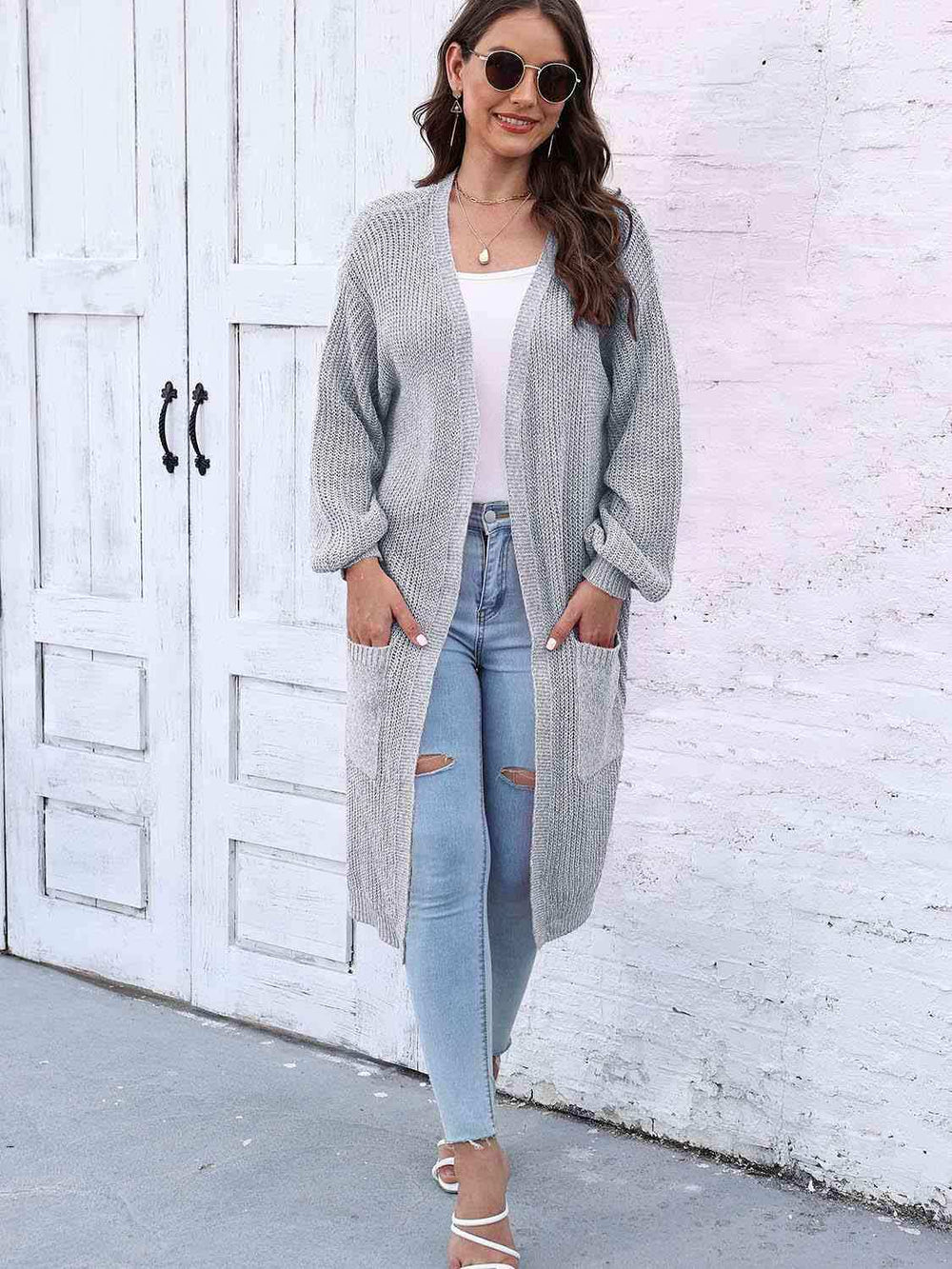 Open Front Longline Cardigan with Pockets - Trendsi - Flyclothing LLC