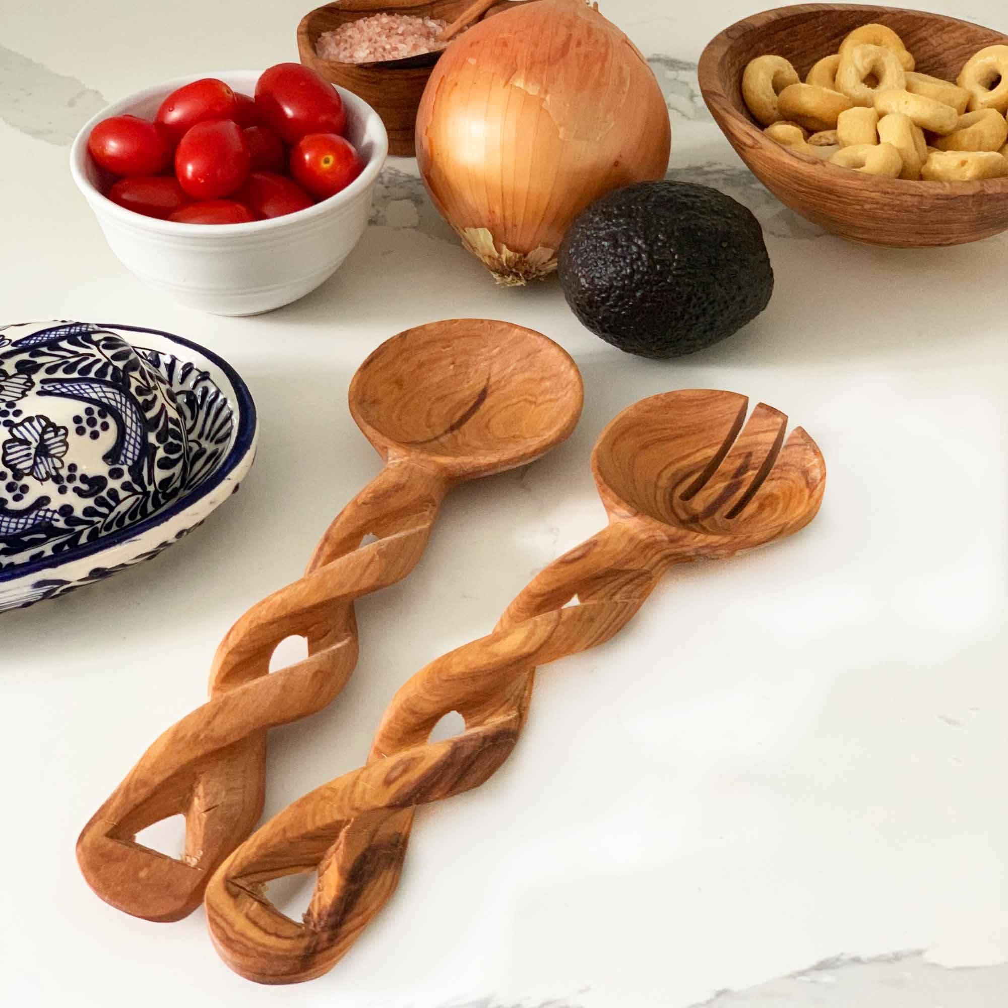 8-Inch Hand-Carved Kenyan Salad Serving Set - Jedando Handicrafts - Flyclothing LLC