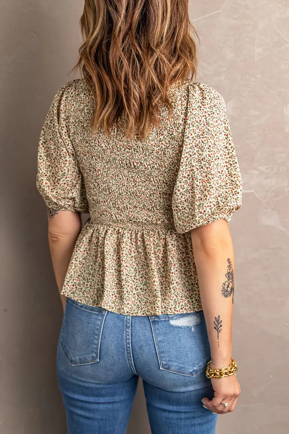 Smocked Balloon Sleeve Peplum Blouse - Trendsi - Flyclothing LLC