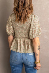 Smocked Balloon Sleeve Peplum Blouse - Trendsi - Flyclothing LLC