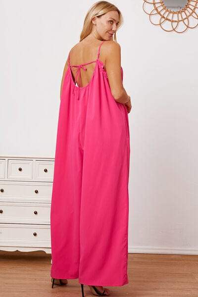 Full Size Ruffle Trim Tie Back Cami Jumpsuit with Pockets - Trendsi - Flyclothing LLC