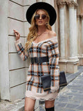 Plaid Distressed V-Neck Sweater Dress - Trendsi