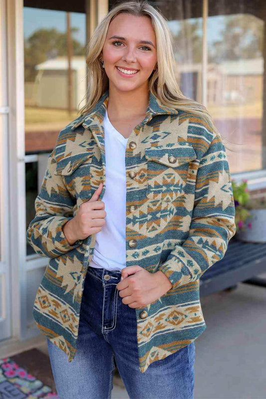 Geometric Button Down Collared Jacket - Trendsi - Flyclothing LLC