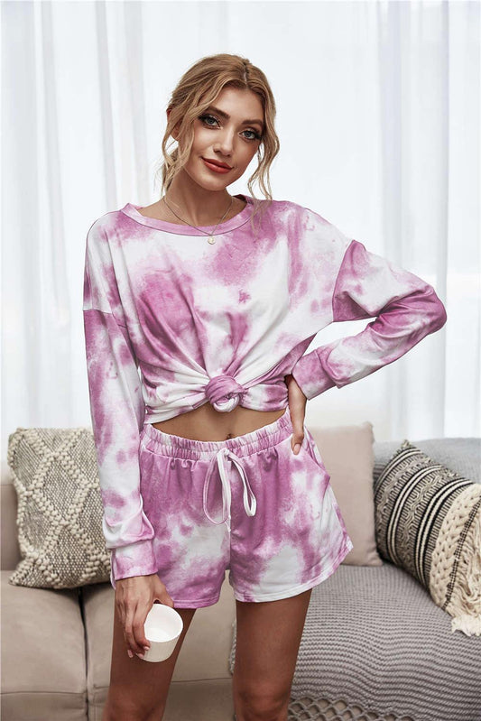 Tie-Dye Dropped Shoulder Top and Shorts Lounge Set - Flyclothing LLC