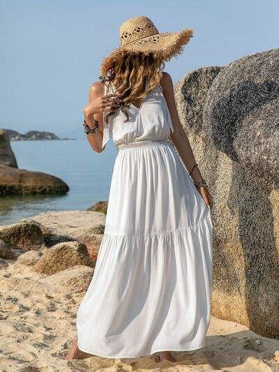 V-Neck Tie Shoulder Crochet Maxi Dress - Trendsi - Flyclothing LLC