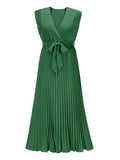 Tied Surplice Cap Sleeve Pleated Dress - Flyclothing LLC