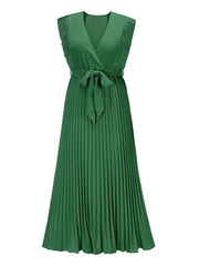 Tied Surplice Cap Sleeve Pleated Dress - Flyclothing LLC