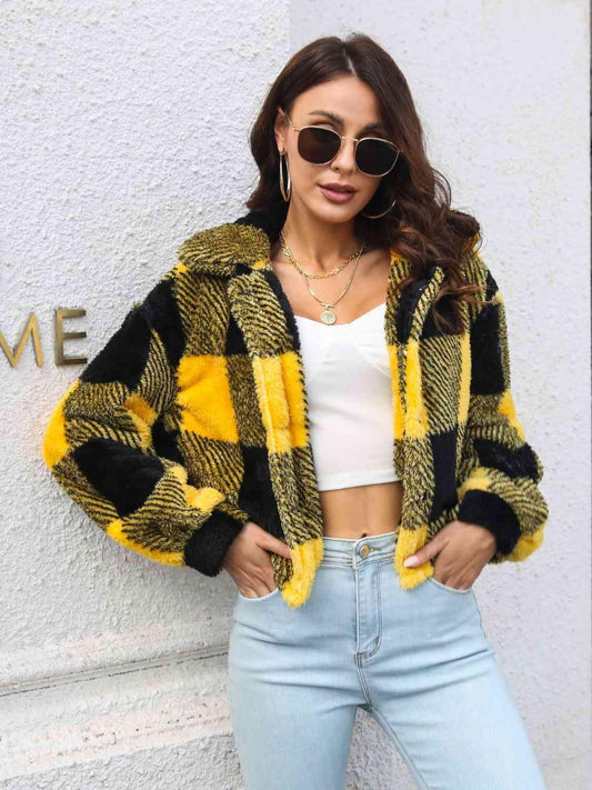 Plaid Dropped Shoulder Buttoned Jacket - Trendsi