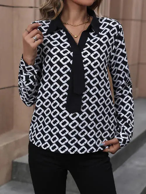 Printed Collared Neck Long Sleeve Shirt - Trendsi - Flyclothing LLC