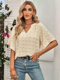 Swiss Dot Notched Neck Flare Sleeve Blouse - Trendsi - Flyclothing LLC