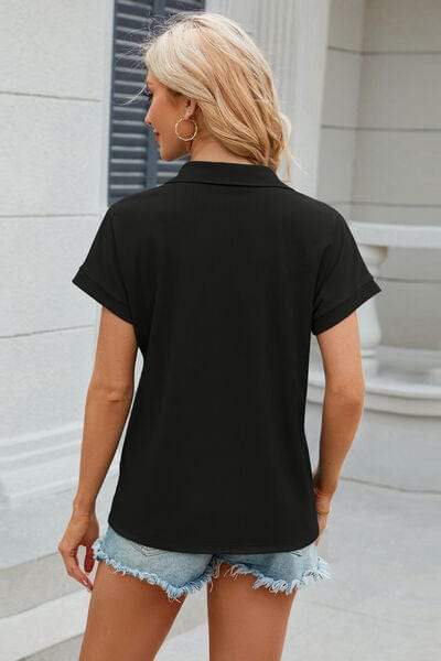 Johnny Collar Short Sleeve Blouse - Trendsi - Flyclothing LLC