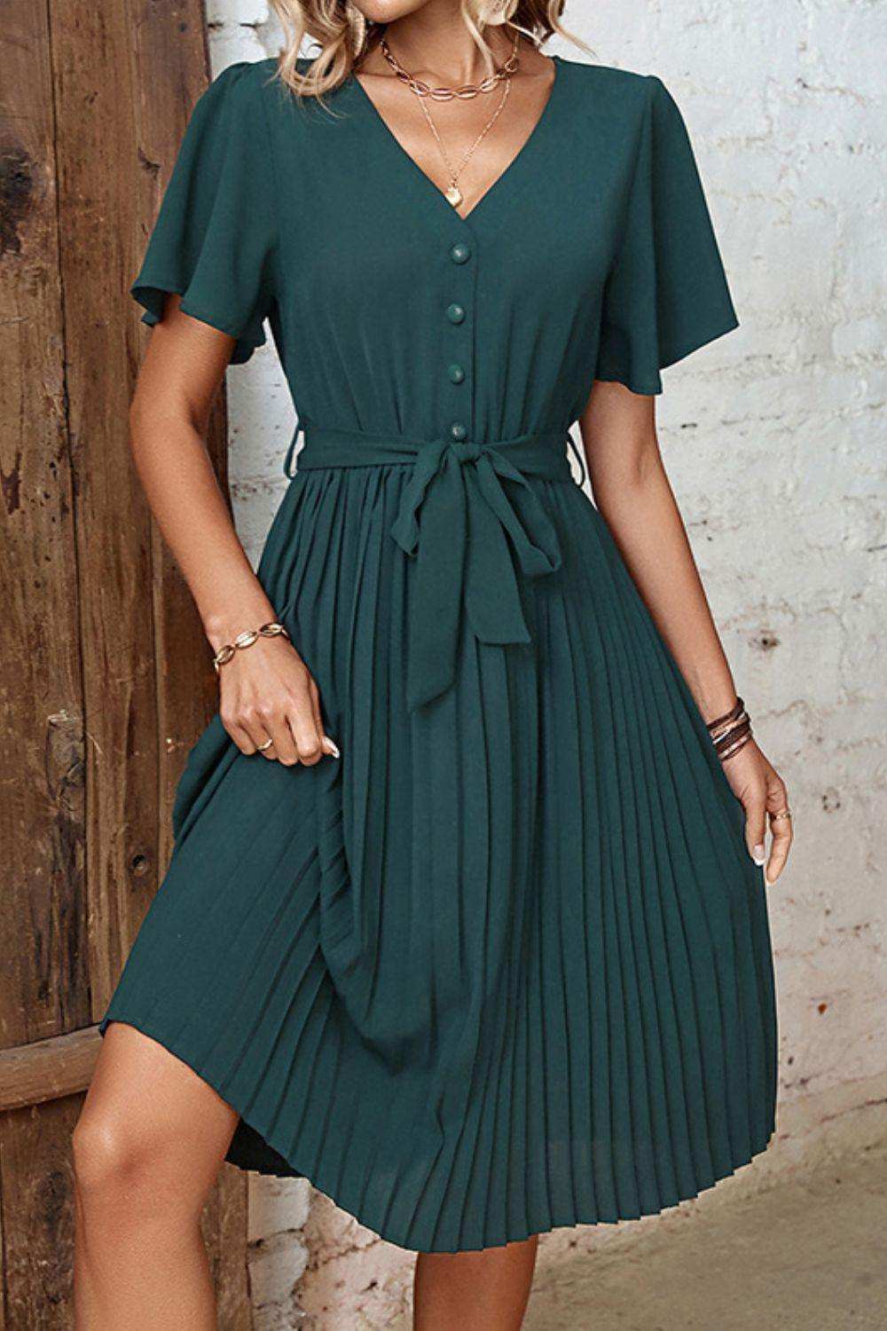 Buttoned V-Neck Flutter Sleeve Pleated Dress - Trendsi