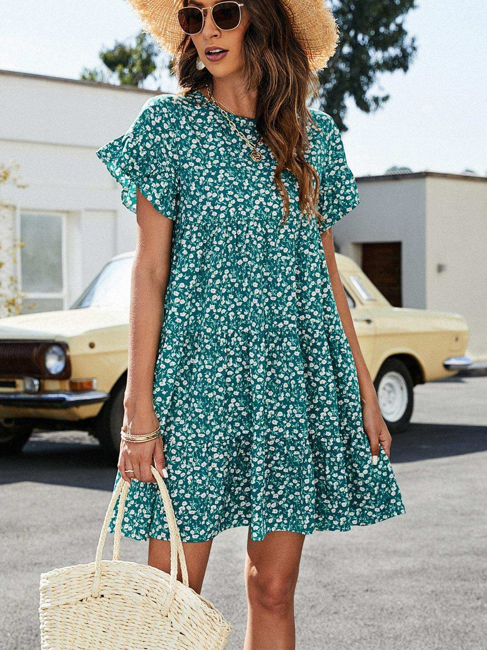 Leopard Short Flounce Sleeve Tiered Dress - Trendsi - Flyclothing LLC