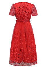 Sequin Leaf Embroidery Tie Front Short Sleeve Dress - Trendsi
