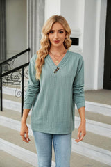 Decorative Button V-Neck Long Sleeve T-Shirt - Trendsi