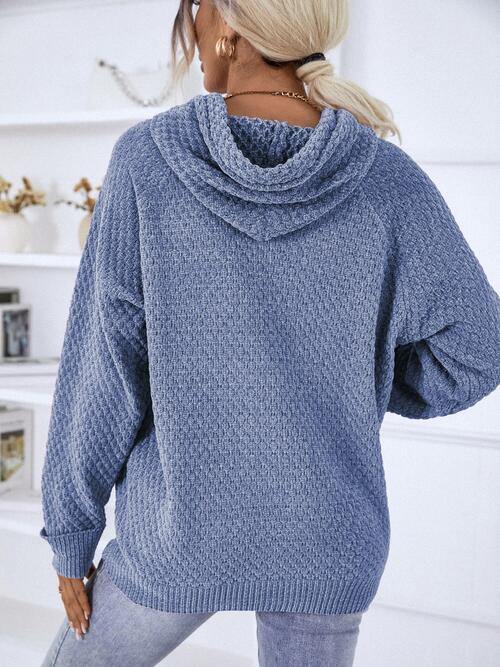 Texture Drawstring Long Sleeve Hooded Sweater - Trendsi