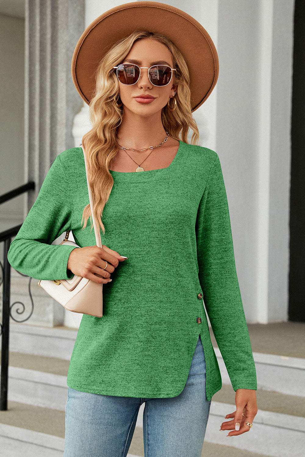 Slit Decorative Button Square Neck T-Shirt - Trendsi - Flyclothing LLC