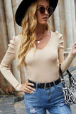Ribbed V-Neck Puff Sleeve Sweater - Trendsi - Flyclothing LLC