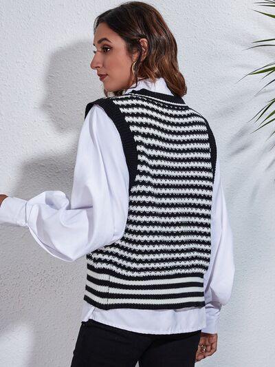 Striped Button Up V-Neck Sweater Vest - Flyclothing LLC