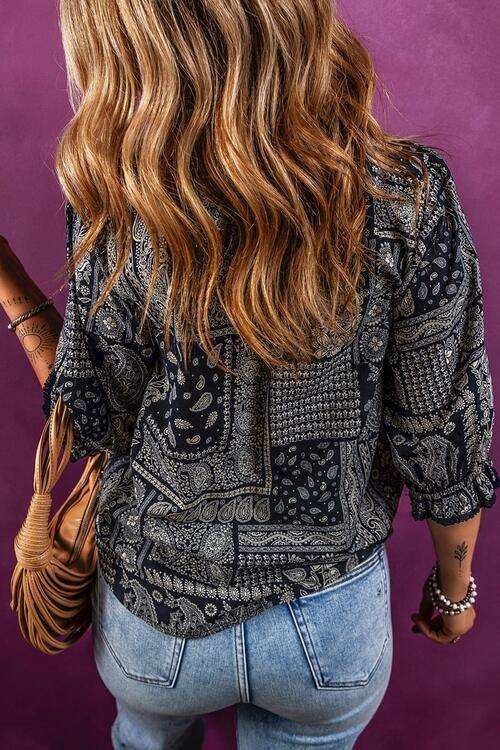 Printed Buttoned Flounce Sleeve Blouse - Trendsi - Flyclothing LLC
