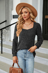 Ribbed Square Neck Long Sleeve T-Shirt - Trendsi
