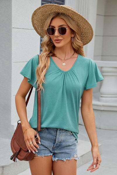 V-Neck Flutter Sleeve T-Shirt - Trendsi - Flyclothing LLC