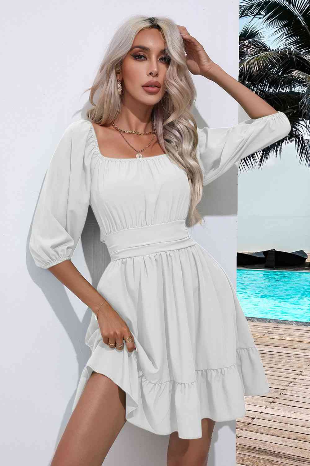 Square Neck Tie Back Ruffle Hem Dress - Flyclothing LLC