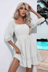 Square Neck Tie Back Ruffle Hem Dress - Flyclothing LLC